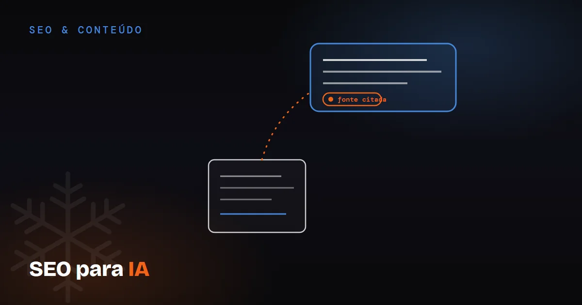 Ilustração de um documento conectado a um cartão de resposta de IA com uma citação, representando um site sendo usado como fonte por buscadores de inteligência artificial