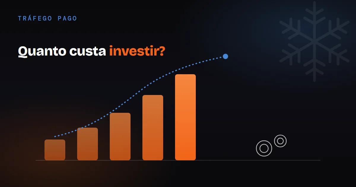 Ilustração de um gráfico de barras ascendente com linha de tendência, representando o investimento em tráfego pago
