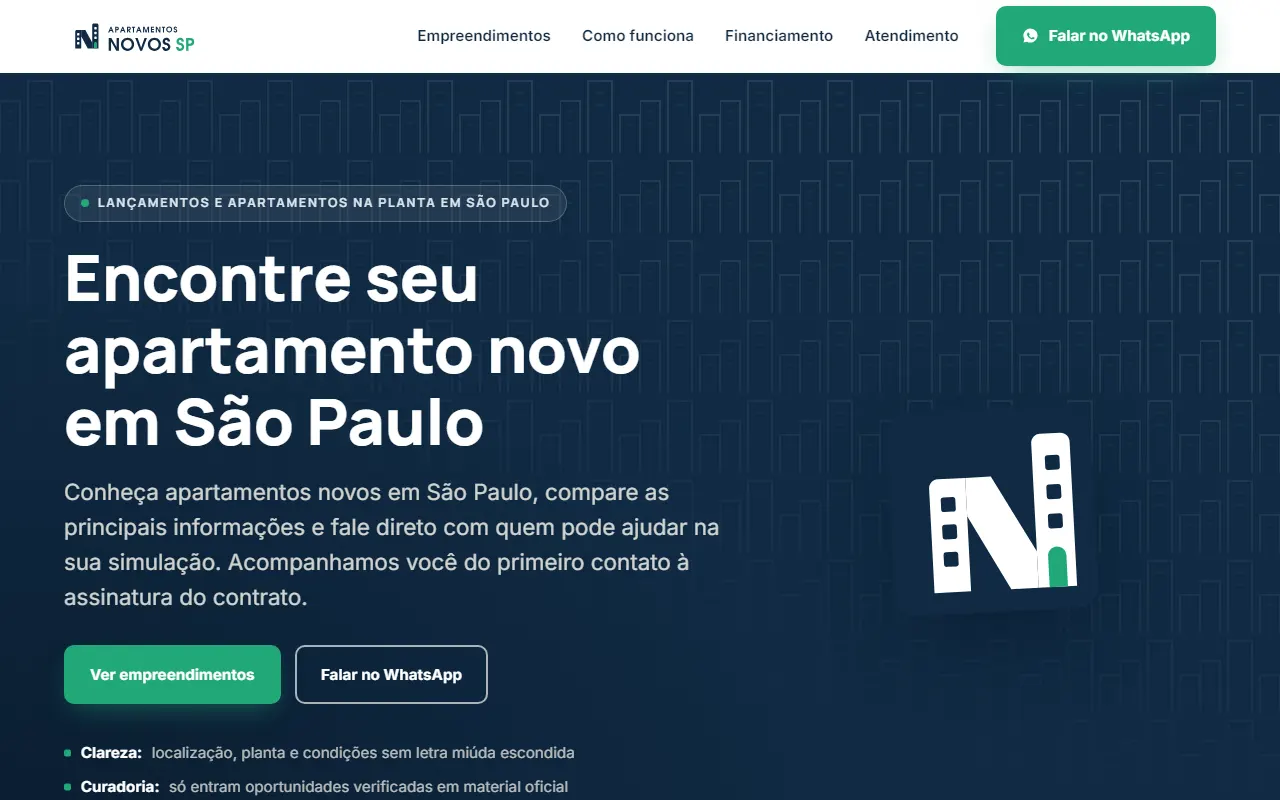 Homepage do portal Apartamentos Novos SP